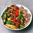 Capsicum Asparagus Mushroom Stir Fry on top of Fluffy Quinoa