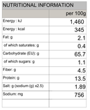 Udon (80% Whole Wheat) Nature's Glory 250g/750g - Nutritional Information