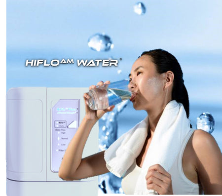 HiFloAM Water® Water Filtration System with girl drinking HiFloAM Water® infront of a waterfall.