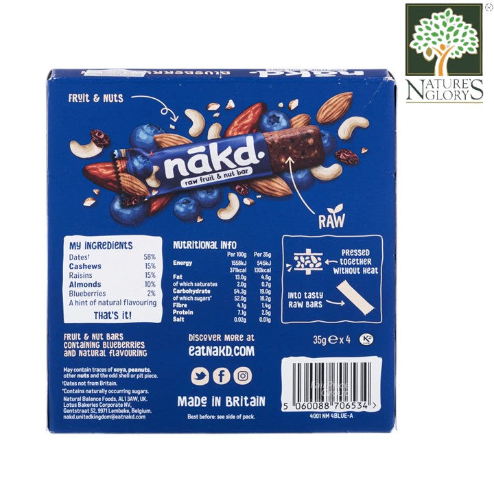 Raw Fruit & Nut Bars Blueberry Muffin Nakd 4x35g (BB: July 30, 2024)