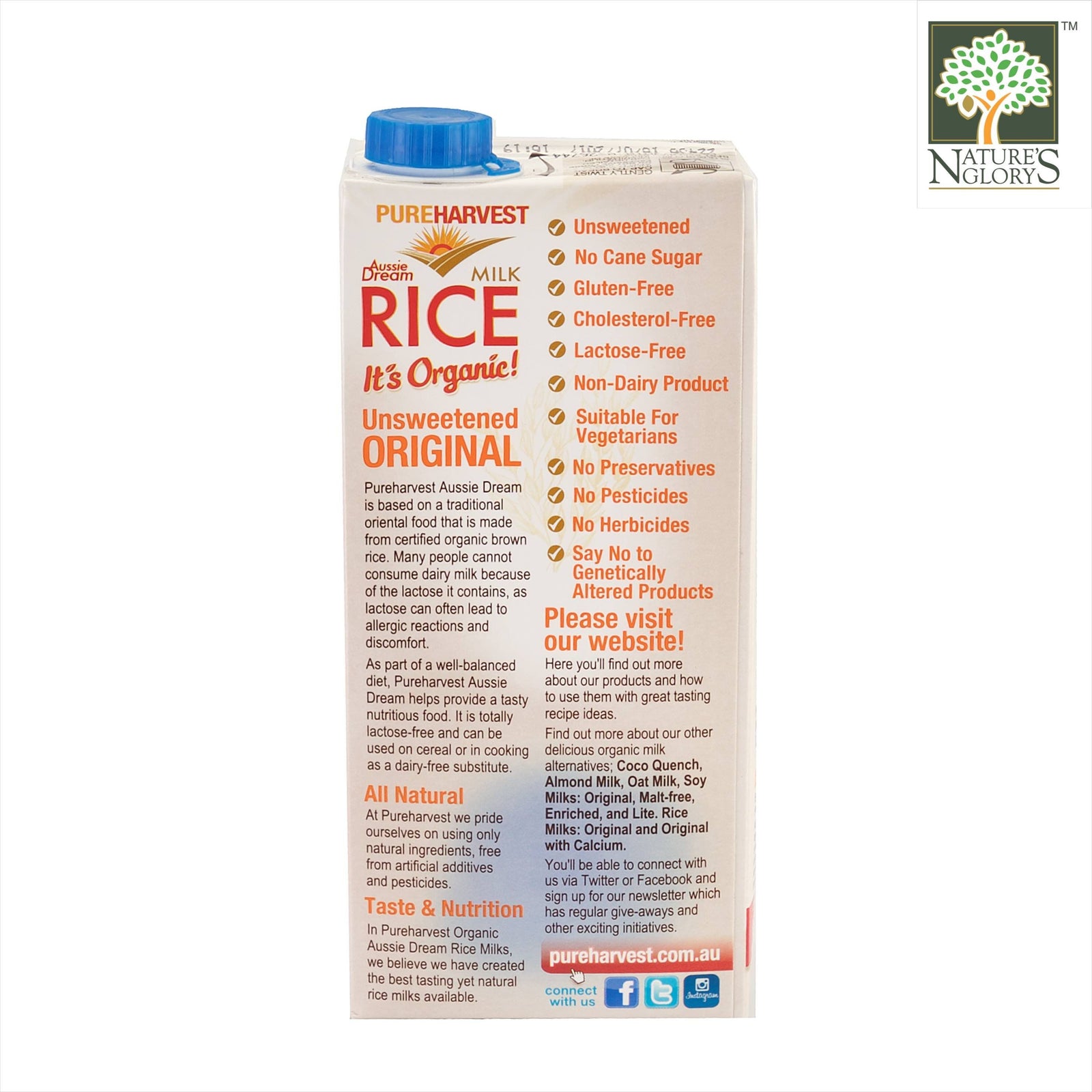PureHarvest Aussie Dream Brown Rice Milk Unsweetened Nature's Glory