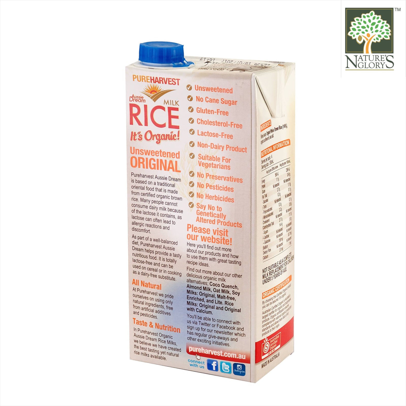 PureHarvest Aussie Dream Brown Rice Milk Unsweetened Nature's Glory
