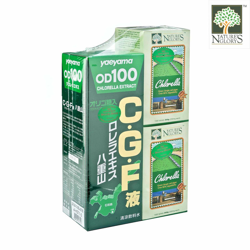 Nature's Glory Chlorella 2 x 1500 Tablets + 1 CGF Liquid Yaeyama Chlorella Extract 720ml - 1set NETT- Side View