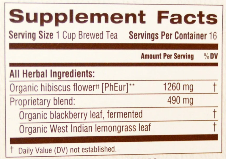 Organic Hibiscus Herbal Wellness Tea, Traditional Medicinals - Supplement Facts