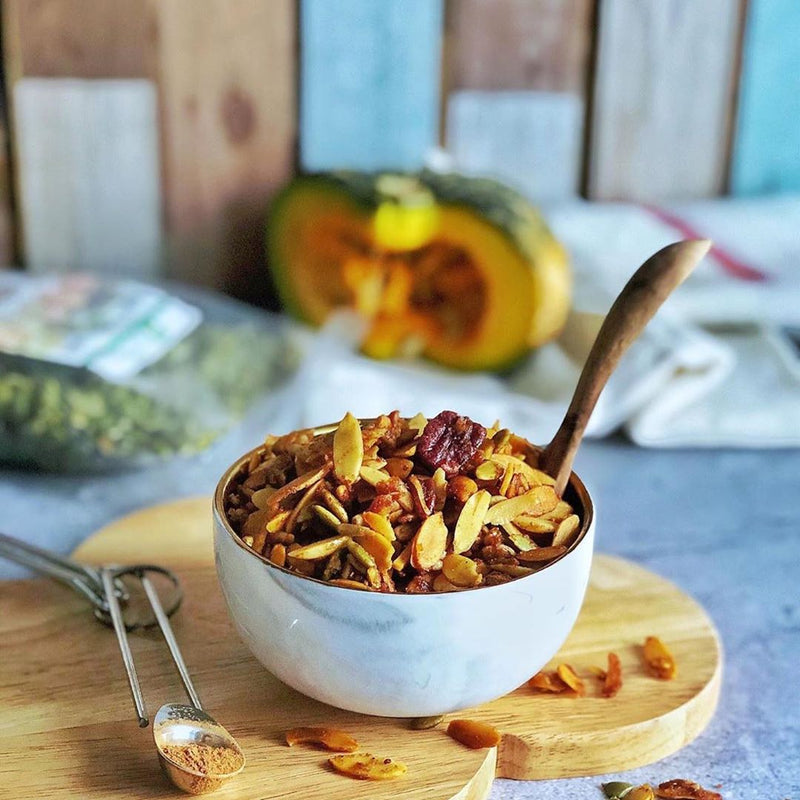 A Bowl of Granola With Eden Dry Roasted Spicy Pumpkin Seeds