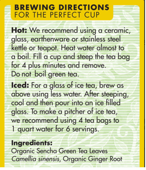 Sencha Ginger Tea, Eden Organic 16 tea bags/box- View 2